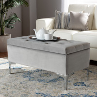 Baxton Studio WS-20093-Grey Velvet/Silver-Otto Mabel Modern and Contemporary Transitional Grey Velvet Fabric Upholstered Silver Finished Storage Ottoman